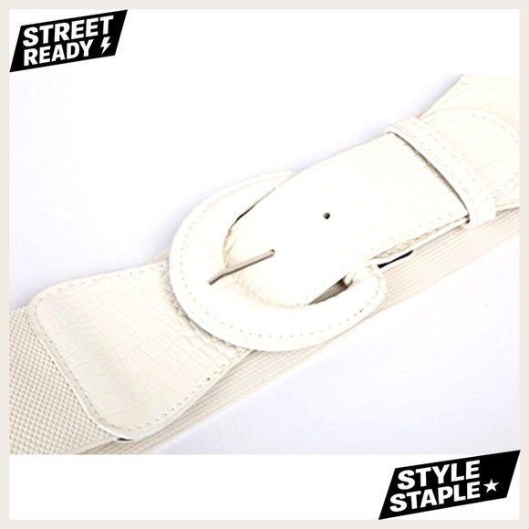 Vintage Chunky Buckle Stretchy Cinch Belt Wide Faux Leather Elegant Retro